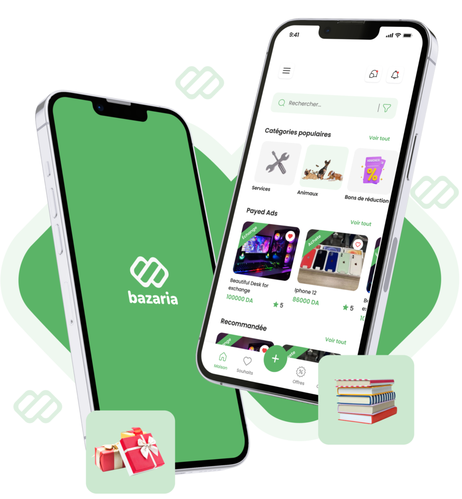 Bazaria mobile app interface showing marketplace listings for cars and electronics in Algeria